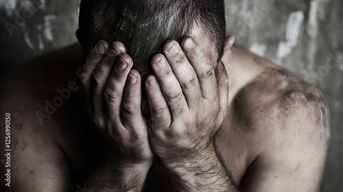 Distressed man with hands on face expressing deep sadness and emotional struggle : Generative AI