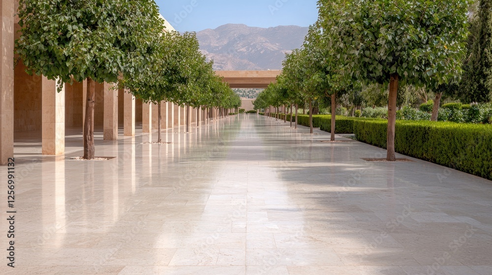 Serene courtyard pathway, mountain backdrop, tranquil oasis, architectural design Serene courtyard pathway, mountain backdrop, tranquil oasis, architectural design