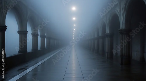 Mysterious Foggy Corridor with Soft Lights Illuminating the Pathway in an Architectural Setting : Generative AI