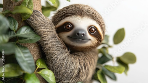Cute sloth clinging to a tree branch surrounded by lush green leaves, smiling joyfully