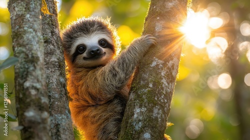 A cute sloth clings to a tree in a sunlit forest, surrounded by lush greenery and soft sunlight