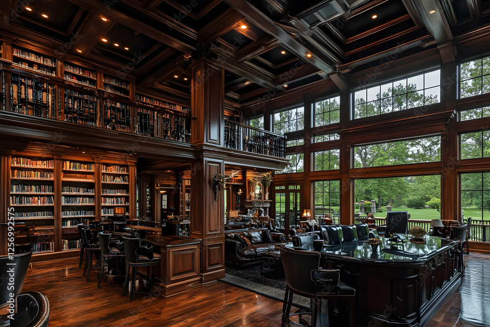 Luxurious library, grand home, nature view Luxurious library, grand home, nature view