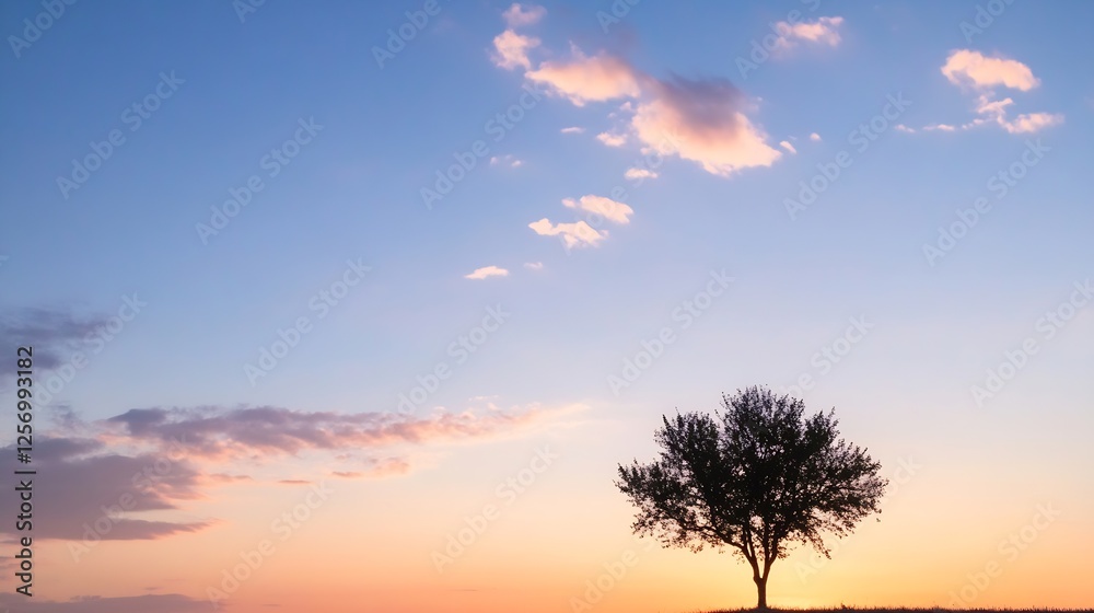 A solitary tree against a breathtaking sunset sky filled with soft clouds creating a peaceful scene : Generative AI A solitary tree against a breathtaking sunset sky filled with soft clouds creating a peaceful scene : Generative AI
