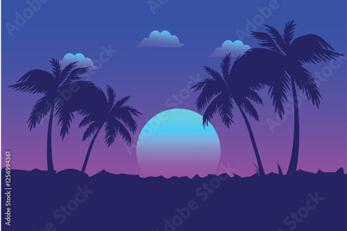 An illustration of a view at night with trees and beautiful moonlight accompanied by clouds covering the sky.