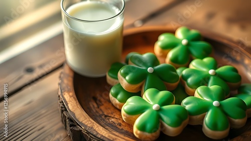 plate of st patrick's day green clover shaped frosted sugar cookies with a glass of milk photo