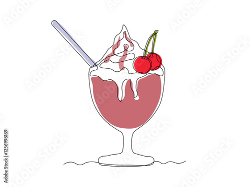 Abstract dessert with cream and cherry berry and straw in creamer, ice cream, cocktail. continuous single one line art hand drawing sketch logo