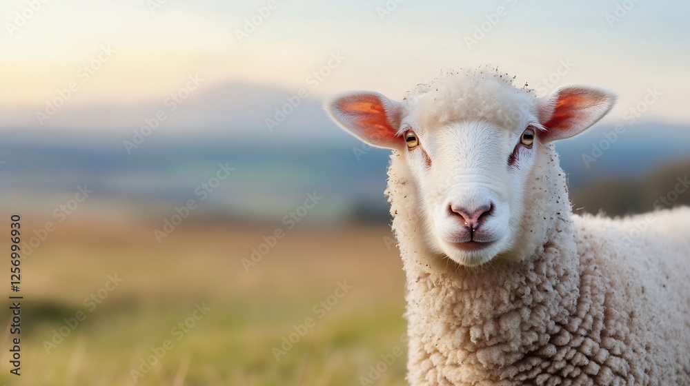 Fototapeta premium Adorable fluffy sheep standing in a picturesque green landscape during sunset : Generative AI