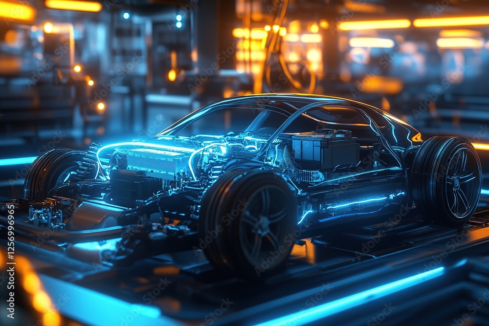 Obraz premium Electric Car: Exploring the Future of Sustainable Transportation with Advanced Battery Technology and Efficient Engine Design, Revolutionizing Automotive Industry