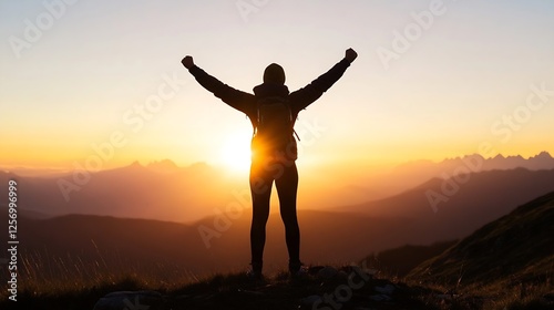 Wallpaper Mural Adventurous person with a backpack raising arms at sunset atop a mountain with stunning view : Generative AI Torontodigital.ca
