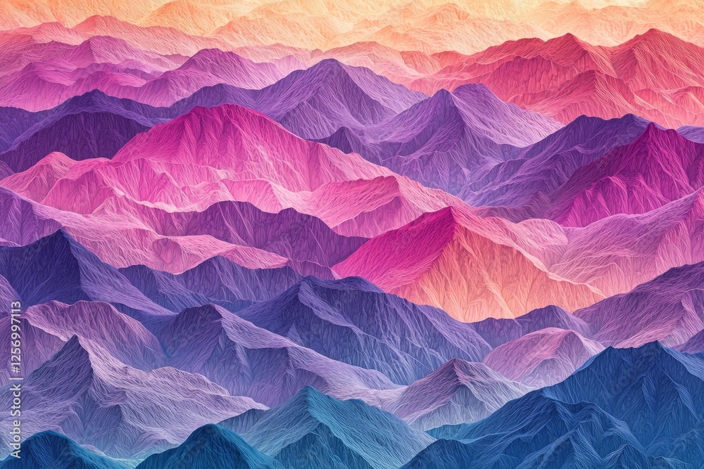 Obraz premium A seamless pattern of colorful mountains, layered and textured, reminiscent of an otherworldly landscape. The colors blend seamlessly from one mountain to another