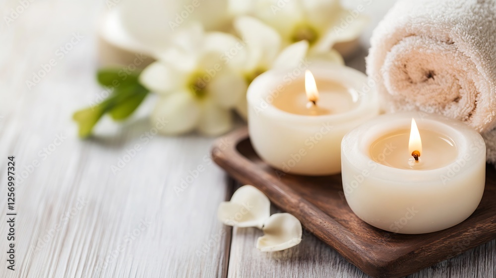 Relaxing spa scene with lit candles and soft towels arranged for a calming ambiance : Generative AI Relaxing spa scene with lit candles and soft towels arranged for a calming ambiance : Generative AI