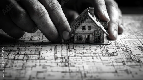 Architect s Hands Placing House Model on Blueprint Home Design Concept photo