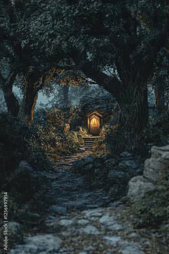Obraz premium A small door in the middle of an ancient forest with many trees, leading to another world. The path is illuminated by light from inside and leads through the tree branches.
