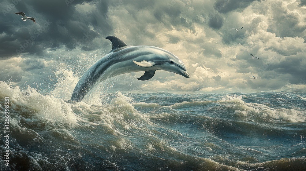 Fototapeta premium Dolphin leaping ocean waves stormy sky wildlife