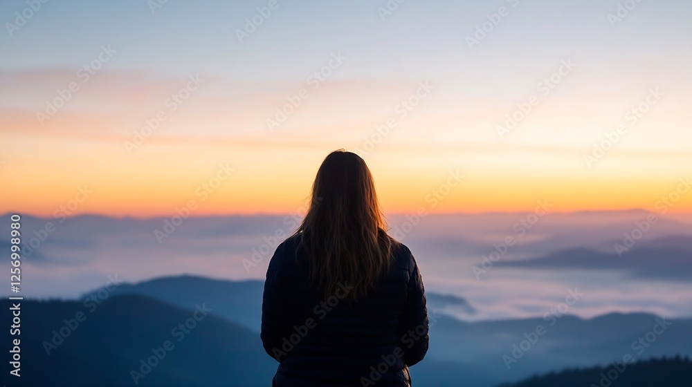 Silhouette of a woman enjoying a breathtaking sunset over misty mountain landscape : Generative AI Silhouette of a woman enjoying a breathtaking sunset over misty mountain landscape : Generative AI