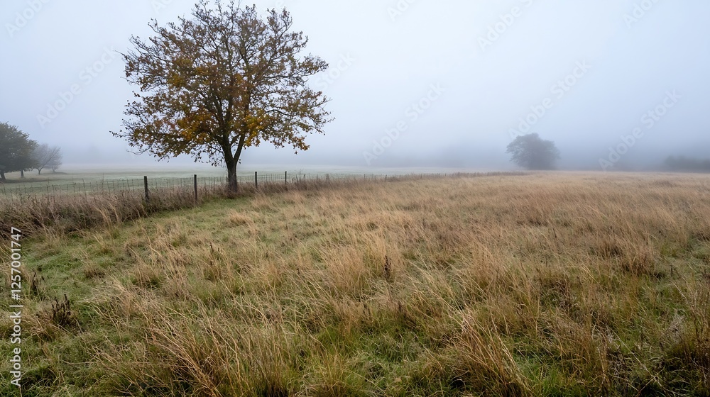 Serene Misty Landscape with a Solitary Tree in an Expansive Meadow During Early Morning Fog : Generative AI Serene Misty Landscape with a Solitary Tree in an Expansive Meadow During Early Morning Fog : Generative AI