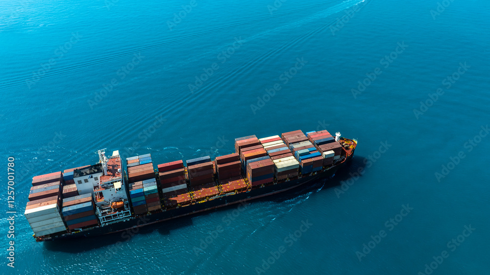 Fototapeta premium Title Aerial view of the freight shipping transport system cargo ship container. international transportation Export-import business, logistics, transportation industry concepts 