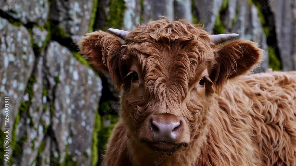 Highland cow amidst mossy stone wall showcasing rustic charm and natural beauty in closeup sequence Highland cow amidst mossy stone wall showcasing rustic charm and natural beauty in closeup sequence