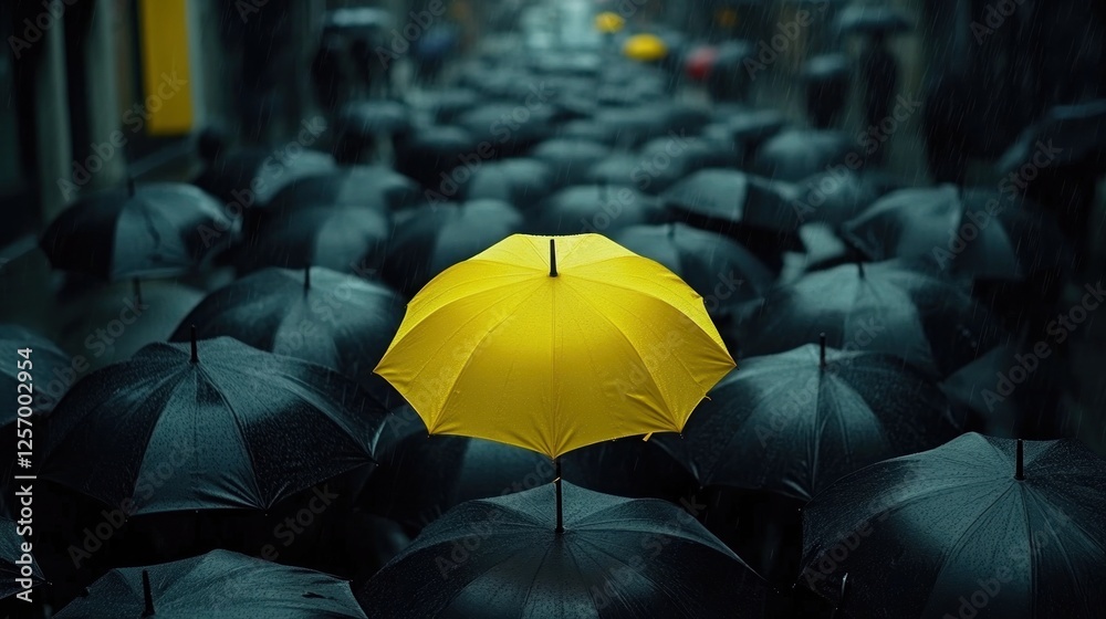 Obraz premium Yellow umbrella stands out in rainy city crowd (1)