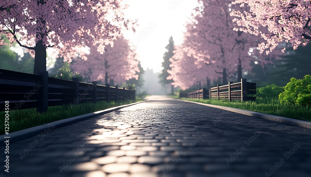 Cobblestone path, cherry blossoms, sunrise, park Cobblestone path, cherry blossoms, sunrise, park