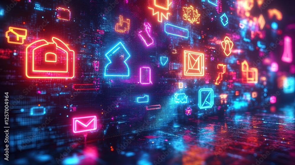A vibrant abstract background with neon gaming symbols, abstract pixel art, and light streaks A vibrant abstract background with neon gaming symbols, abstract pixel art, and light streaks