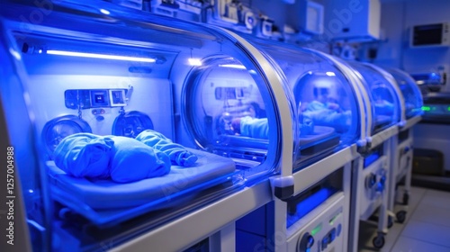 Neonatal Intensive Care Unit: Row of Incubators with Infants Under Blue Light Therapy