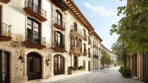 Spanish street, stone buildings, sunny day, tourism, architecture