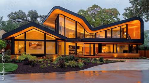 Modern house, illuminated at dusk, suburban setting