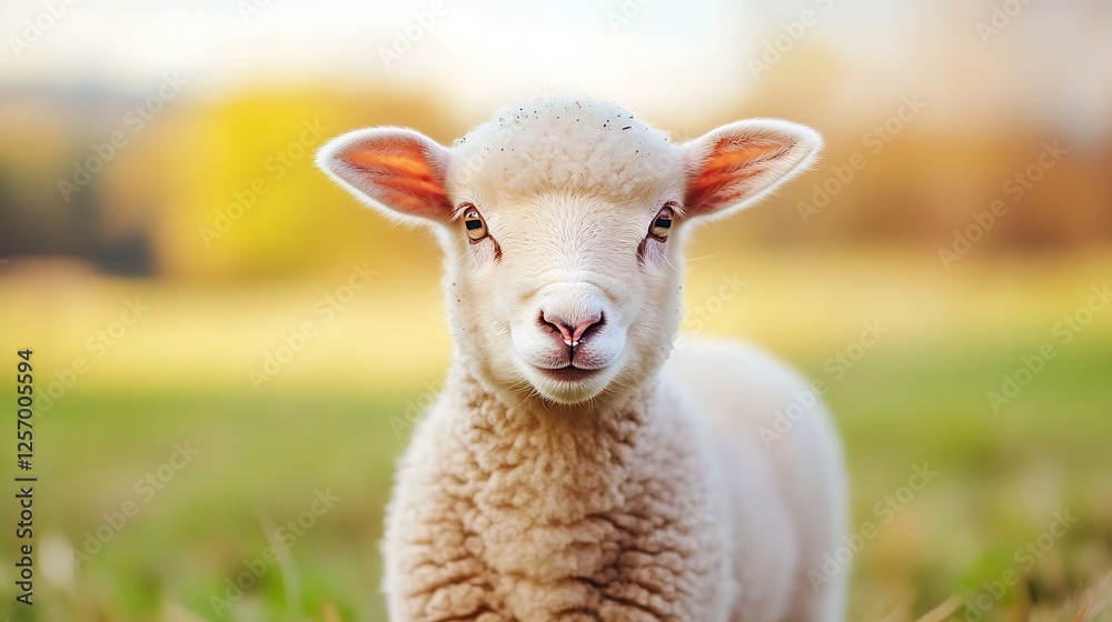 Adorable baby sheep looking curiously at the camera in a lush green field : Generative AI Adorable baby sheep looking curiously at the camera in a lush green field : Generative AI