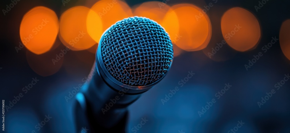 Close Up Professional Microphone in Home Studio with Neon Lights for Podcast and Music Recording Close Up Professional Microphone in Home Studio with Neon Lights for Podcast and Music Recording