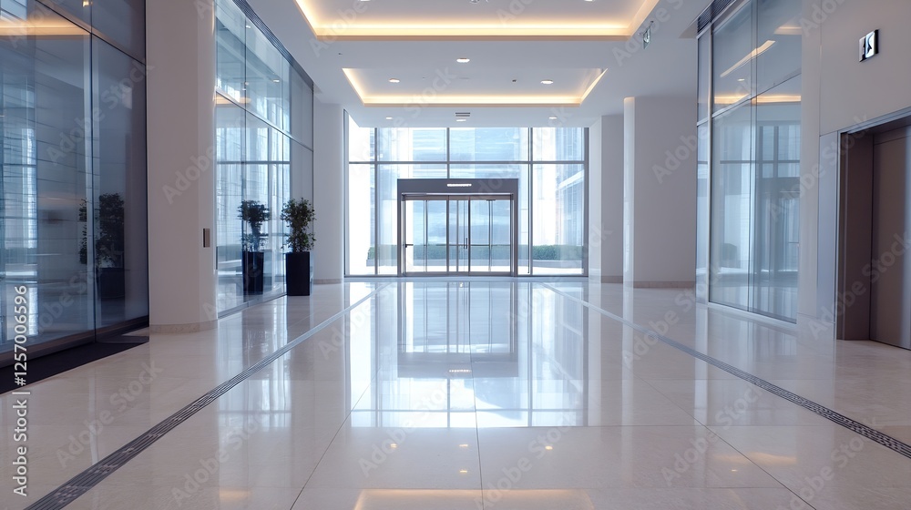 Sleek interior of a modern lobby with polished floors and abundant natural light creating a welcoming space : Generative AI Sleek interior of a modern lobby with polished floors and abundant natural light creating a welcoming space : Generative AI