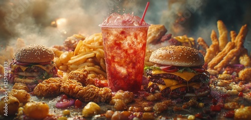 Fast Food Overload Vibrant Junk Food Pile with Fried Foods Bergers Pizza Soft Drinks and Health Risks of Obesity and Diabetes photo