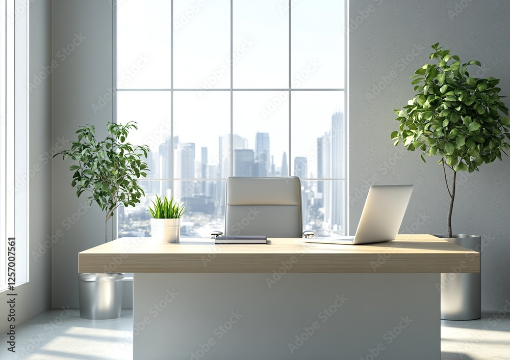 Modern Office Desk Setup with Laptop, Plants, City View: Inspiring Workspace Design Ideas Modern Office Desk Setup with Laptop, Plants, City View: Inspiring Workspace Design Ideas