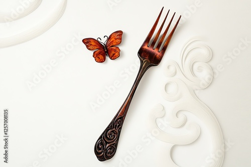 A Strikingly Ornate Dining Fork, Adorned with Exquisite Detail, Paired with a Delicate Copper-Colored Butterfly Brooch, on a Pristine White Background with Ornate Moldings.