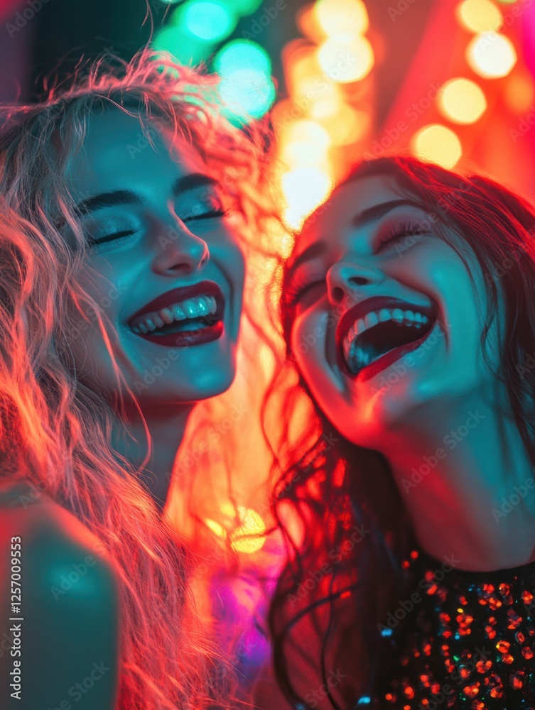 Fototapeta premium Close up of two friends laughing under the flashing lights of a disco, their faces lit with excitement and joy.