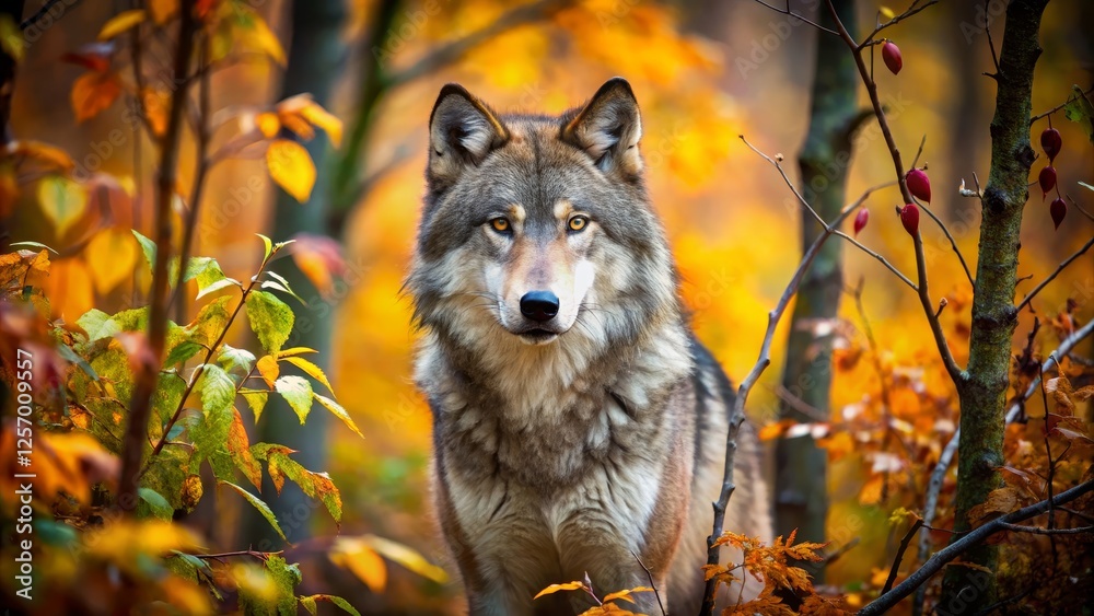 Majestic Wolf Among Golden Autumn Leaves in Forest Setting Majestic Wolf Among Golden Autumn Leaves in Forest Setting