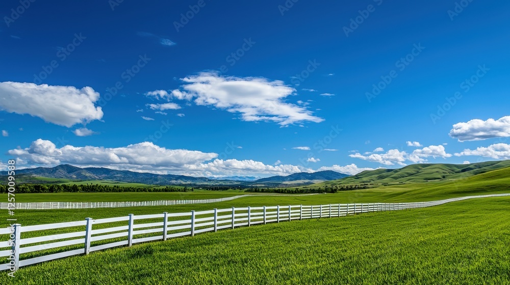 A radiant green landscape meets a crisp white fence, all under an endless blue sky, embodying peace and freshness. A radiant green landscape meets a crisp white fence, all under an endless blue sky, embodying peace and freshness.