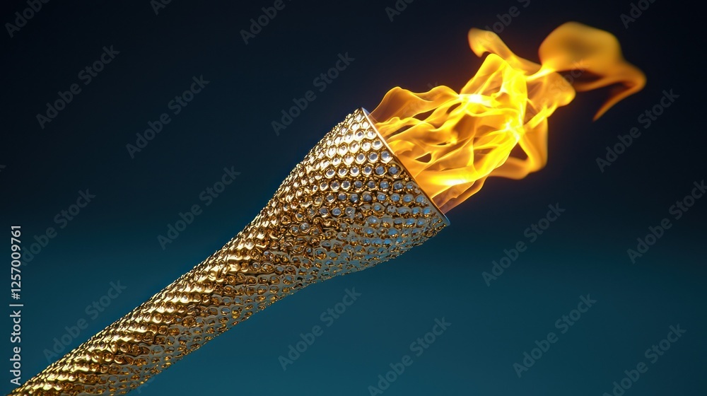 Obraz premium Golden Olympic torch ablaze, dramatic background