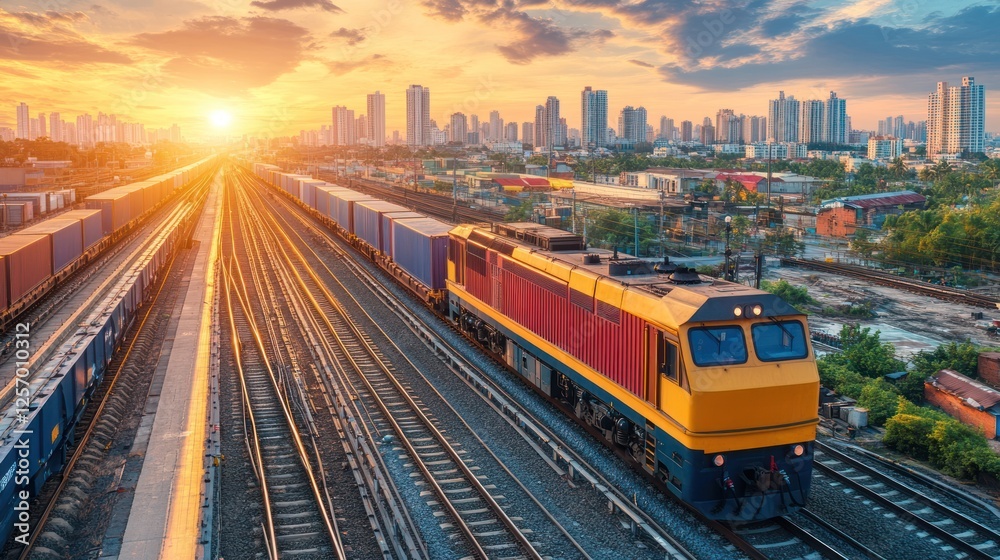 Fototapeta premium Freight train sunset city logistics transport