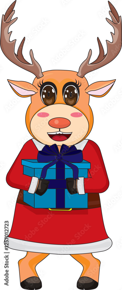 Cute Reindeer In Santa Dress With Gift Vector Cute Reindeer In Santa Dress With Gift Vector