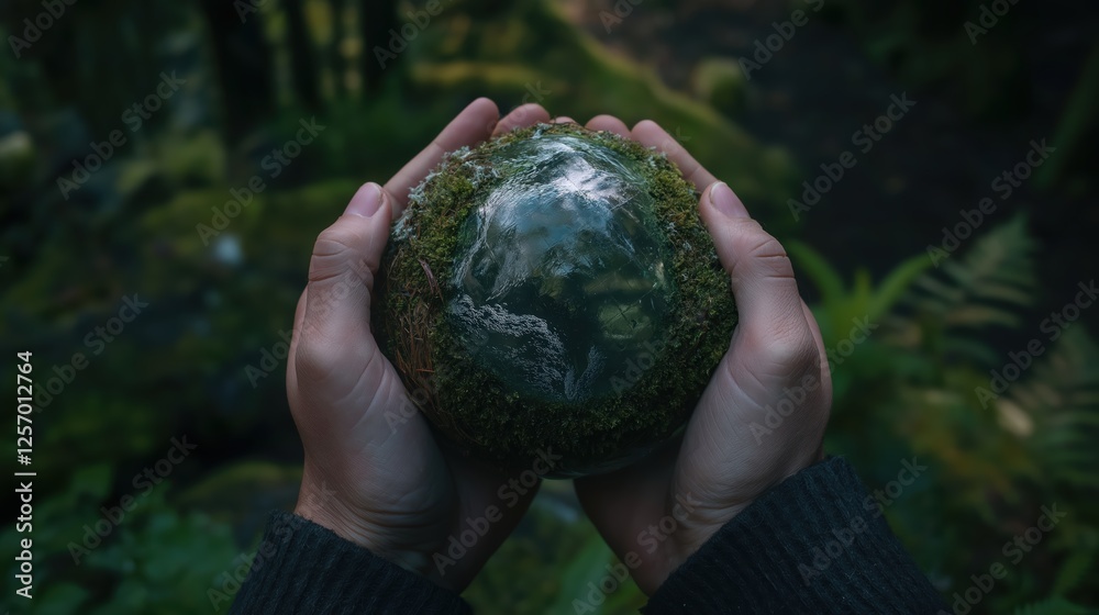 Symbolic green Earth held in hands for nature protection Symbolic green Earth held in hands for nature protection