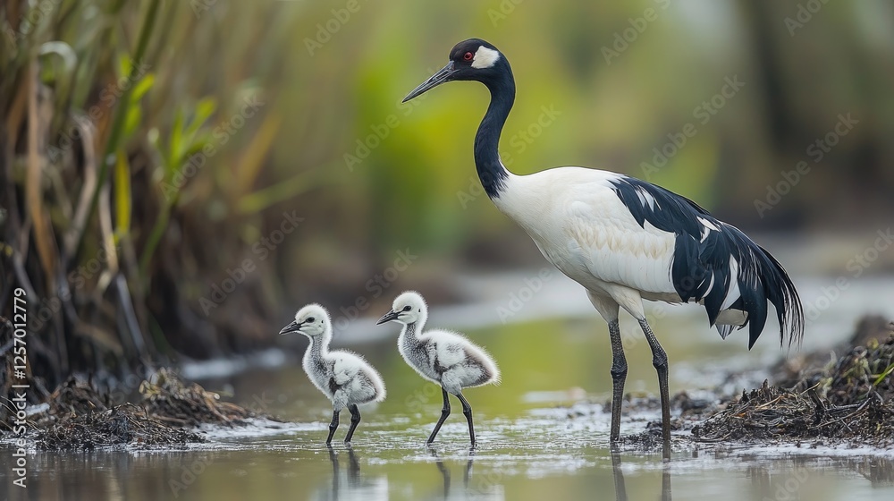 Naklejka premium Adult crane stands protectively beside two fluffy chicks in a serene wetland environment