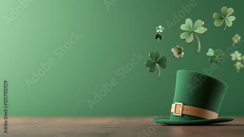 A green leprechaun hat with shamrocks floating above it against a green background, evoking a festive St. Patrick's Day atmosphere.