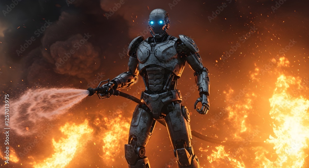 a powerful AI robot fighting a raging fire a powerful AI robot fighting a raging fire