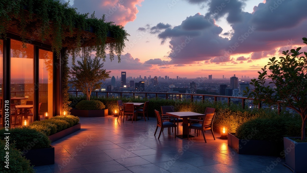 Fototapeta premium Modern urban rooftop garden with lush greenery, seating areas, and evening lights 