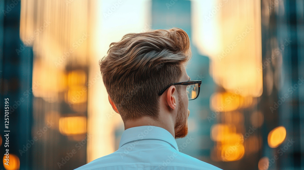Fototapeta premium Confident man in glasses looking at cityscape during sunset, reflecting ambition and determination