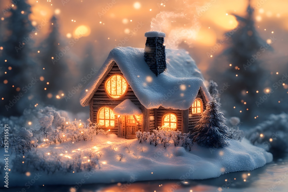 Fototapeta premium winter cabin covered in snow, glowing under an aurora