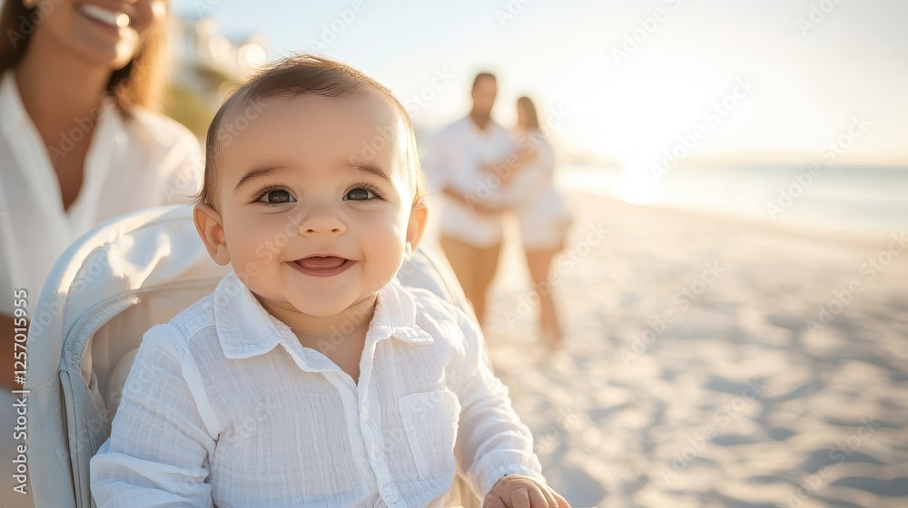 An 8-month-old baby boy explores the beach with his parents, amidst soft sand and waves An 8-month-old baby boy explores the beach with his parents, amidst soft sand and waves