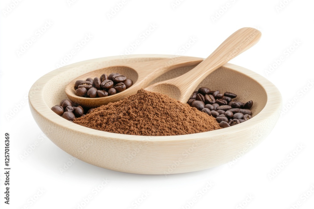 Bowl of ground coffee and beans isolated on white background. Coffee in wooden with generative ai Bowl of ground coffee and beans isolated on white background. Coffee in wooden with generative ai