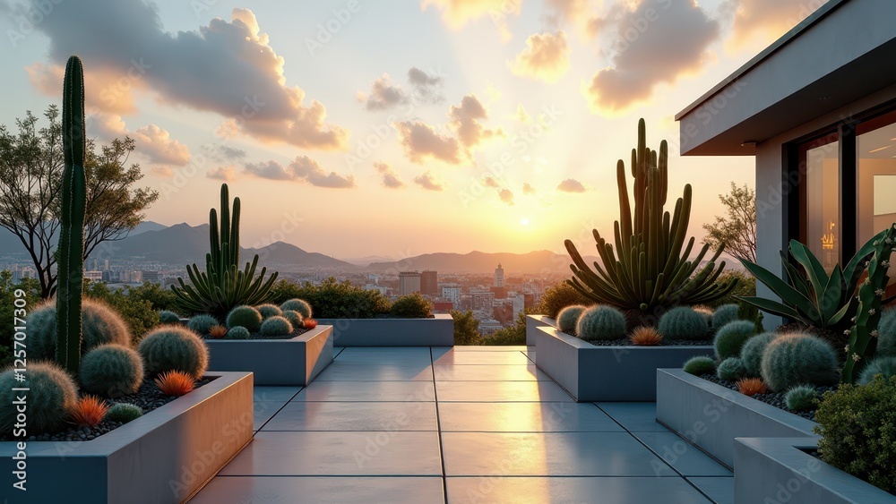 Fototapeta premium Modern rooftop garden with desert plants, succulents, cacti, and mountain view 